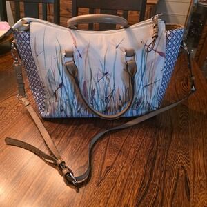 Parfois Dragonfly Nature Print Satchel Crossbody Bag Tan Blue White Cottagecore